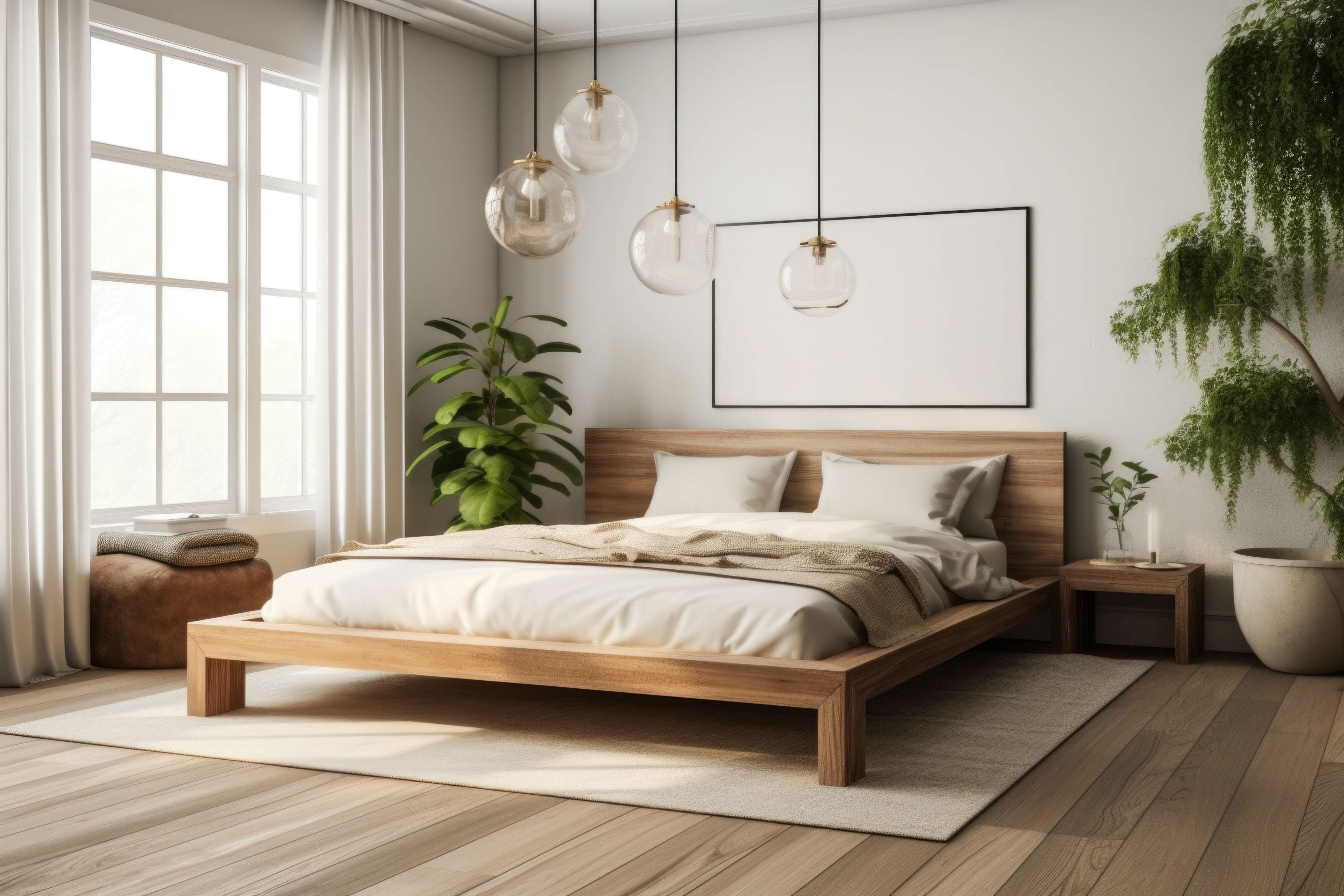 A serene and zen-inspired bedroom with a platform bed, minimalistic decor, and a calming color palette for a peaceful and restful atmosphere