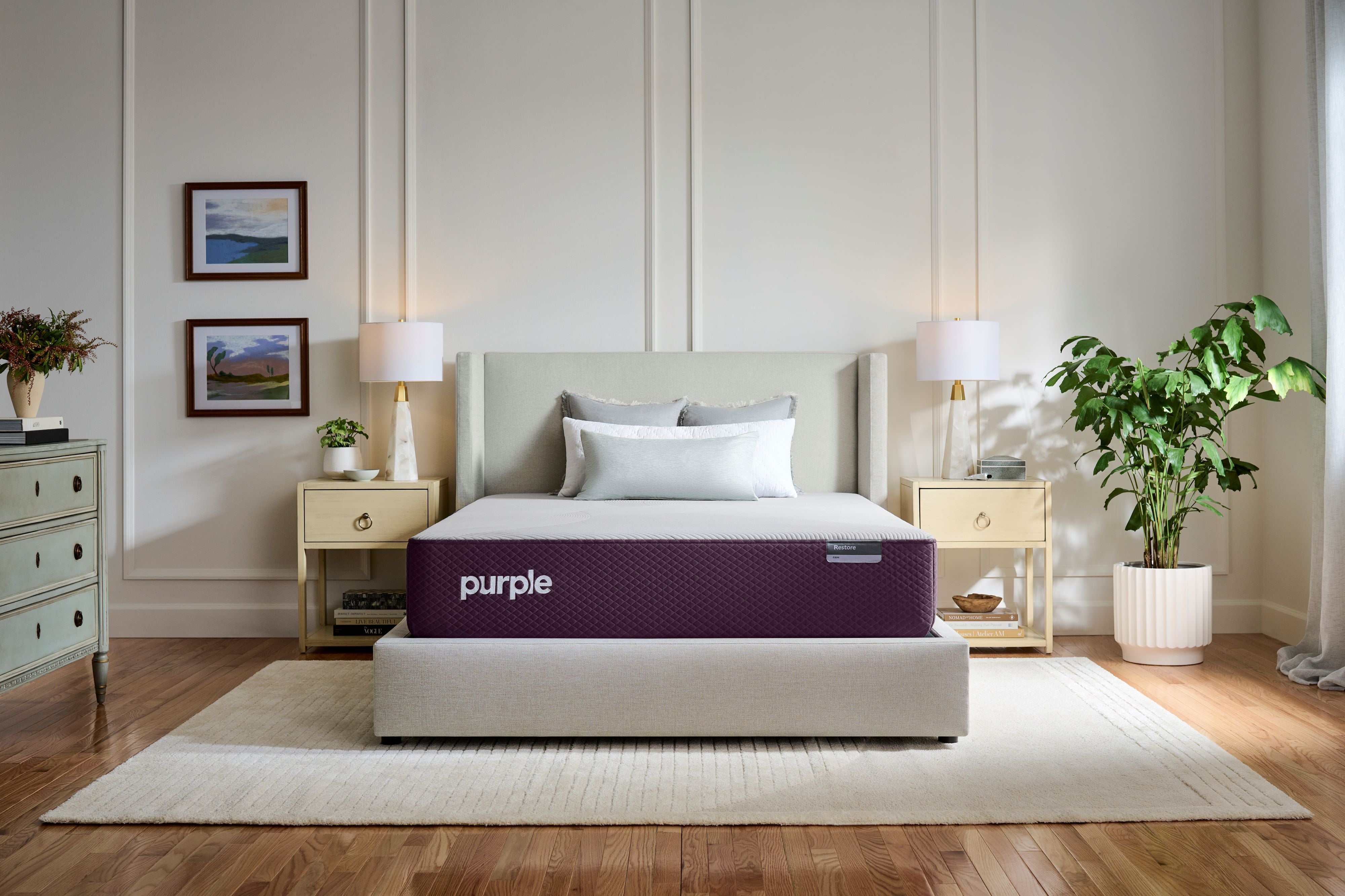 Purple Premium Restore mattress in a beautiful room seen from the front