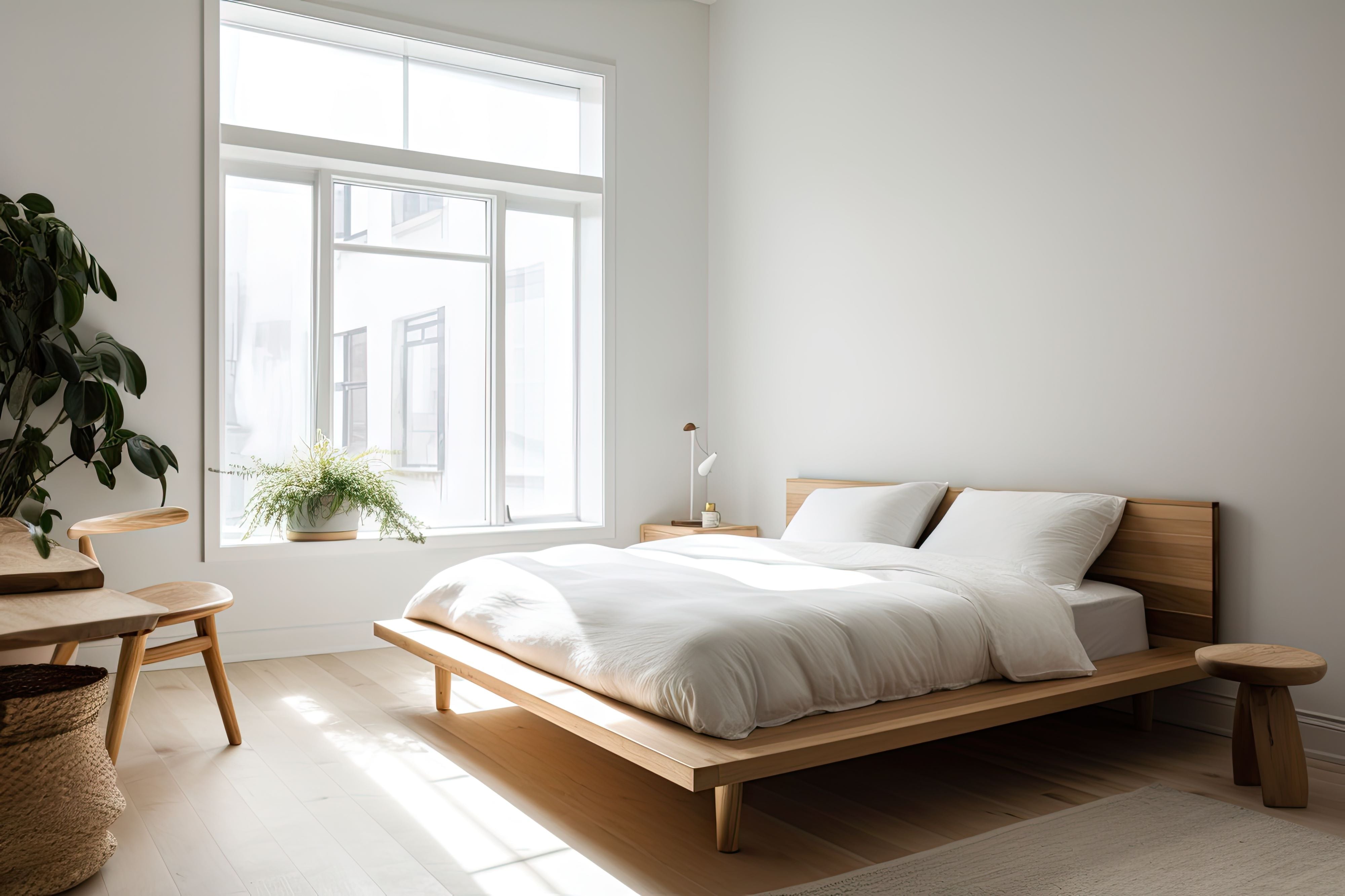 A serene and minimalist bedroom with a platform bed, white bedding, and a simple wooden headboard, featuring a neutral color palette and plenty of natural light