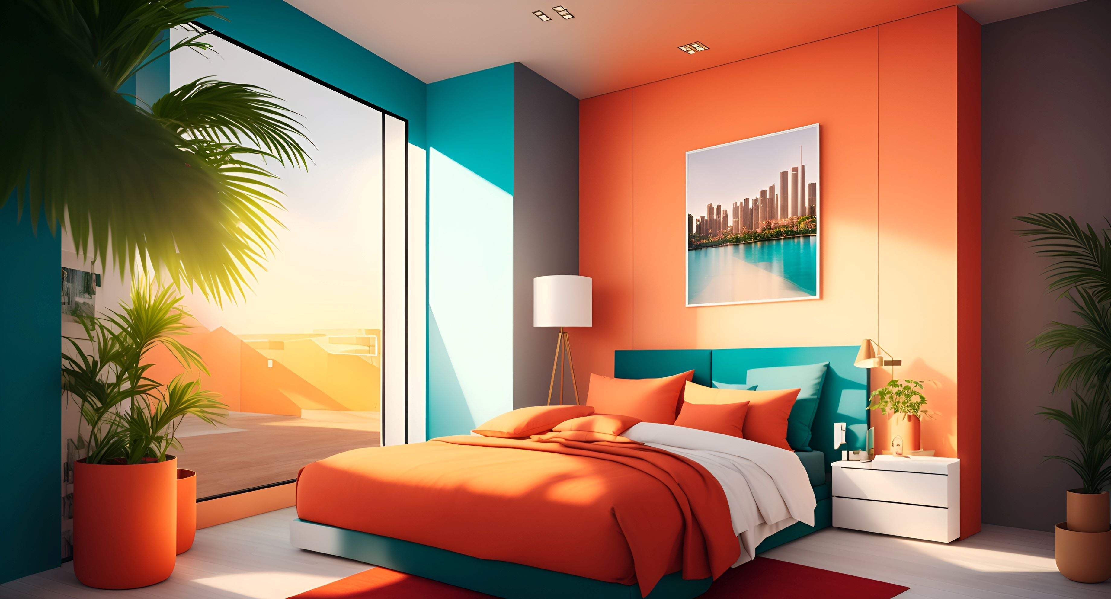 Illustration of a cozy bedroom with a vibrant orange and blue color scheme